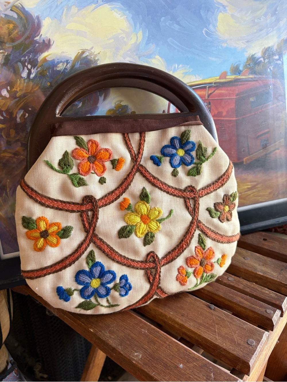 Vintage Handmade Embroidered Floral Handbag with Brown Handle - Unbranded